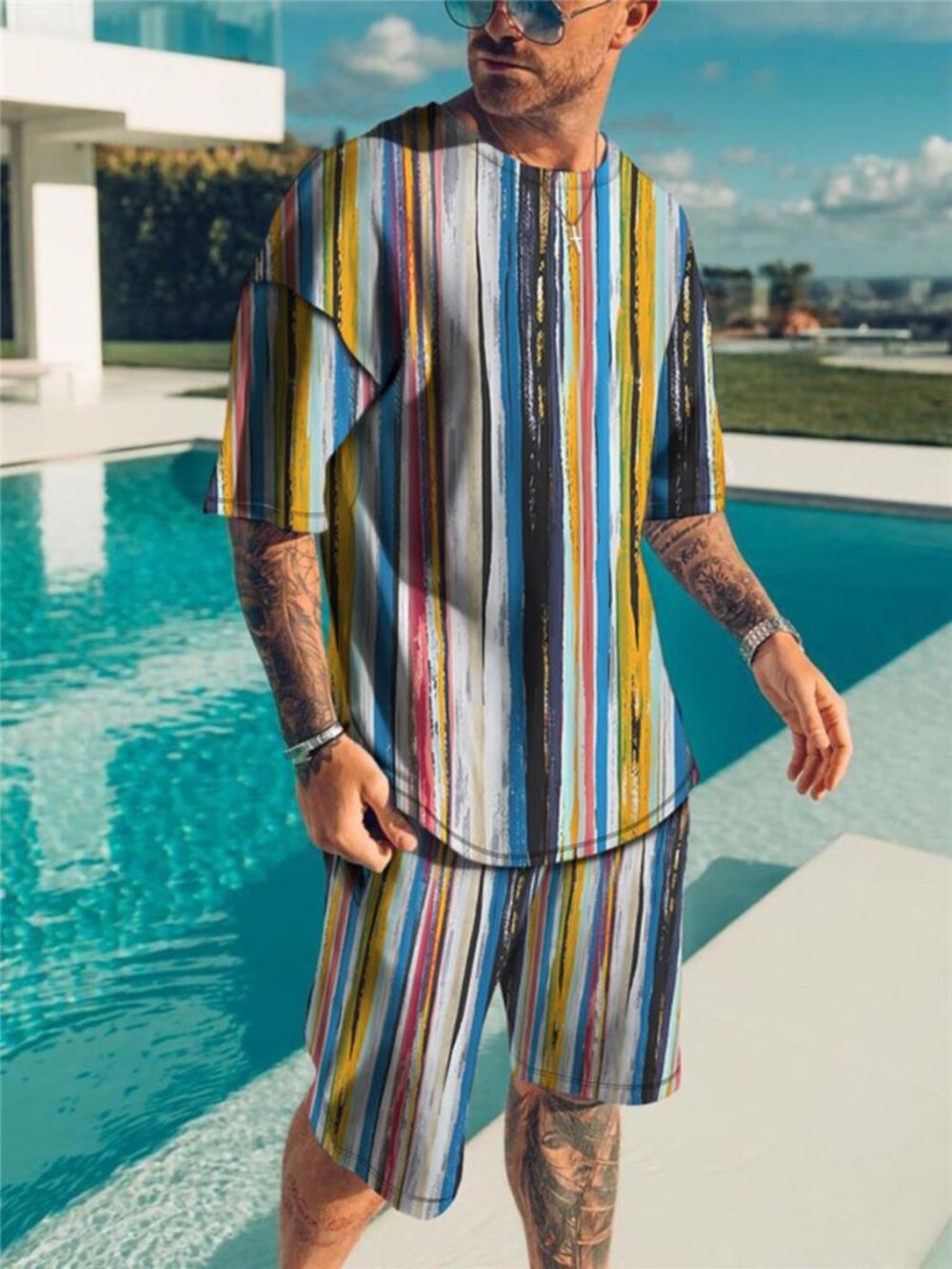 Men's Full Size Striped Short Sleeve Top and Shorts Set Plus Size